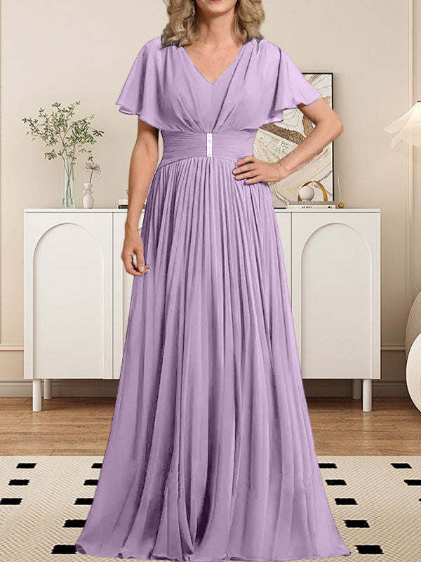 Vestido de gasa de corte A, escote en V, largo hasta el suelo, para la madre de la novia, con broche de cristal y pliegues. 