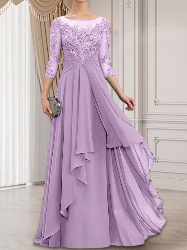 Robe de mariée en mousseline de dentelle, coupe trapèze, décolleté illusion, longueur au sol, avec volants cascade, idéale pour la mère de la mariée.