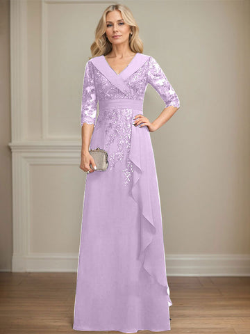 A-line Collared V-Neck Floor-Length Lace Chiffon Mother of the Bride Dress With Sequins Cascading Ruffles