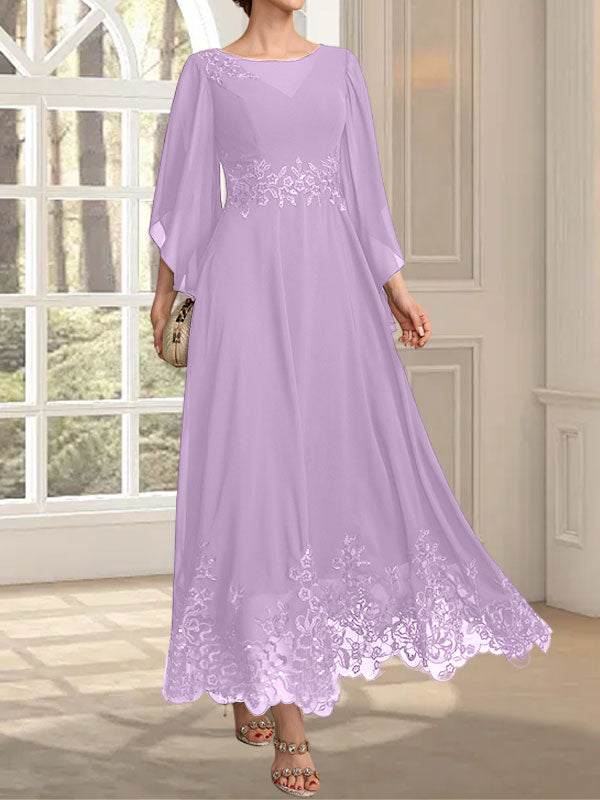 Robe de mère de la mariée en mousseline de dentelle, coupe trapèze, décolleté illusion, longueur cheville, ornée de sequins 