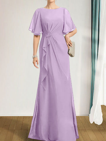 A-line Scoop Floor-Length Chiffon Mother of the Bride Dress With Cascading Ruffles Beading Sequins