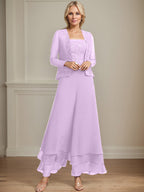 Conjunto de pantalón y chaqueta de dos piezas, corte cuadrado, largo hasta el tobillo, encaje, gasa, vestido de madre de la novia con lentejuelas 