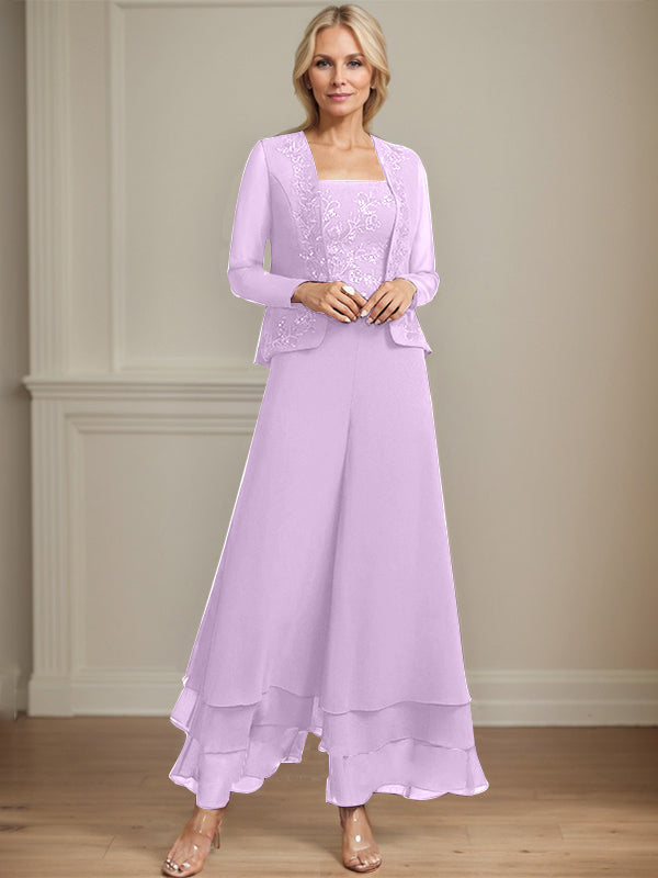 Conjunto de pantalón y chaqueta de dos piezas, corte cuadrado, largo hasta el tobillo, encaje, gasa, vestido de madre de la novia con lentejuelas 