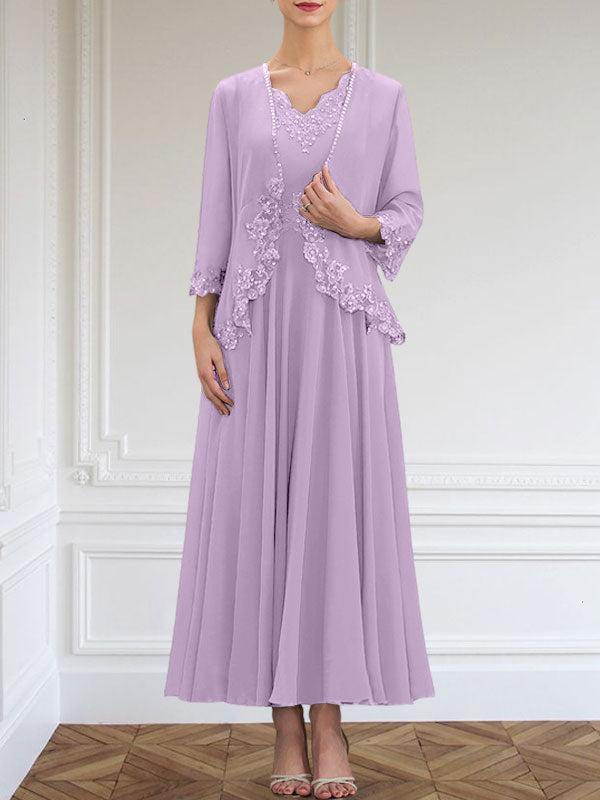 Vestido de corte A, escote en V, largo hasta el tobillo, de gasa, para la madre de la novia, con apliques de lentejuelas, encaje y pedrería.