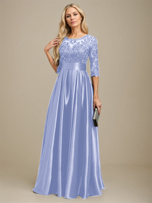 Vestido de madrina de la novia, corte en A, escote ilusión, largo hasta el suelo, satén elástico con encaje y lazo de lentejuelas. 