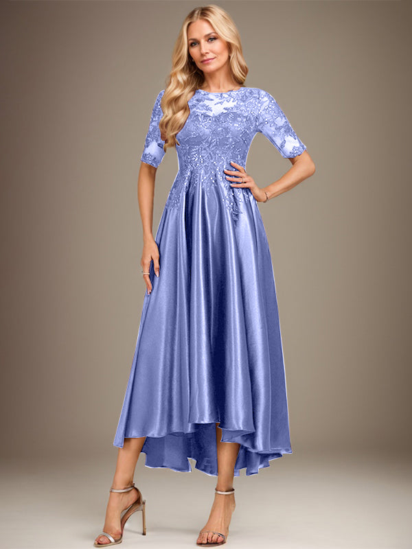 Robe de mère de la mariée asymétrique en satin stretch dentelle et dentelle, coupe trapèze, effet illusion, ornée de sequins 