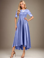 Robe de mère de la mariée asymétrique en satin stretch dentelle et dentelle, coupe trapèze, effet illusion, ornée de sequins 