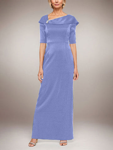 Long Shimmer Column Dress with Foldover Cuff L-Neckline and Elbow Sleeves