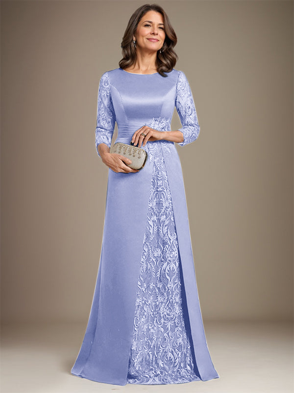 Vestido de novia de corte A, escote redondo, largo hasta el suelo, de satén de encaje, con apliques, para la madre de la novia. 