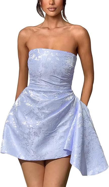 Vestido corto de fiesta de bienvenida, sin tirantes, corte en A, de satén jacquard, asimétrico, con cordones.