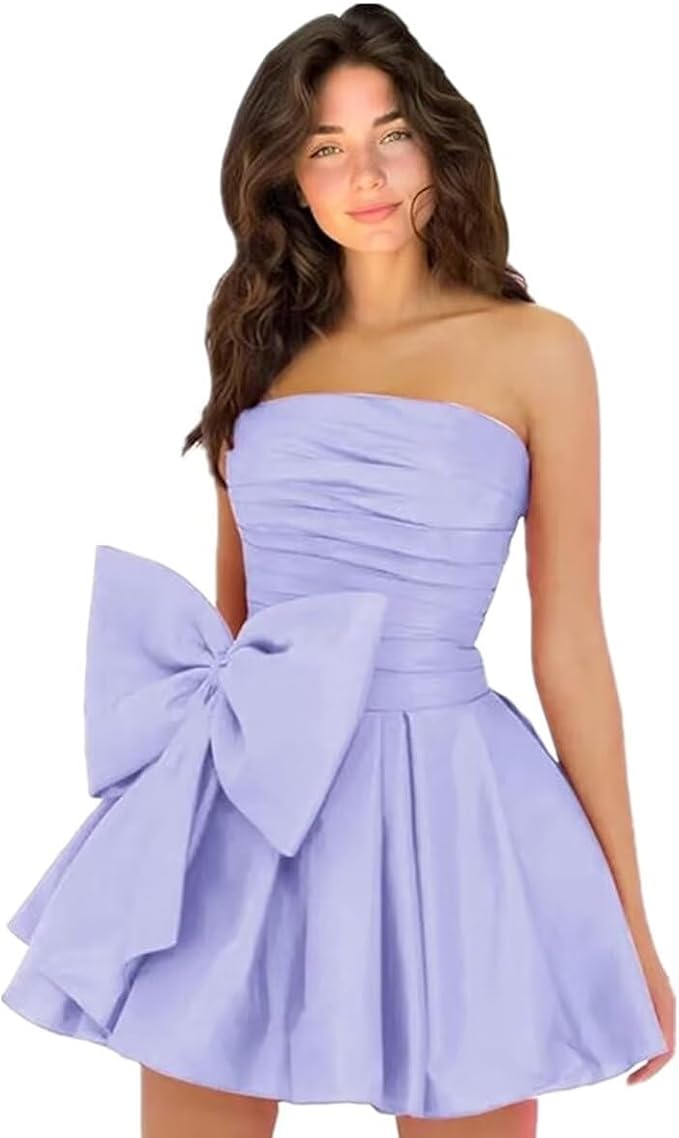 Robes de soirée courtes et chics pour le bal de promo, coupe trapèze, sans manches, bustier, froncées, lacées et ornées d'un nœud.