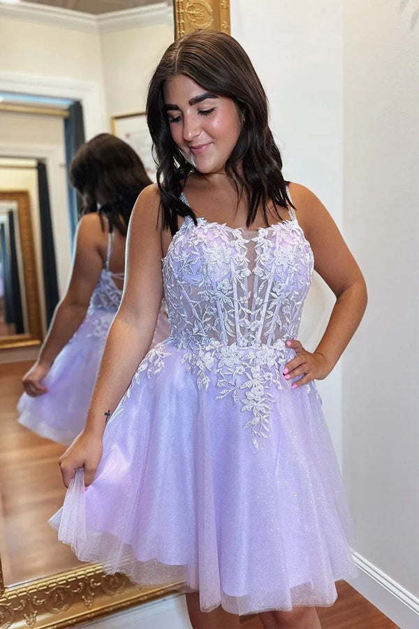 Vestido de fiesta de bienvenida de tul lavanda con apliques, corte en A y cordones PD508
