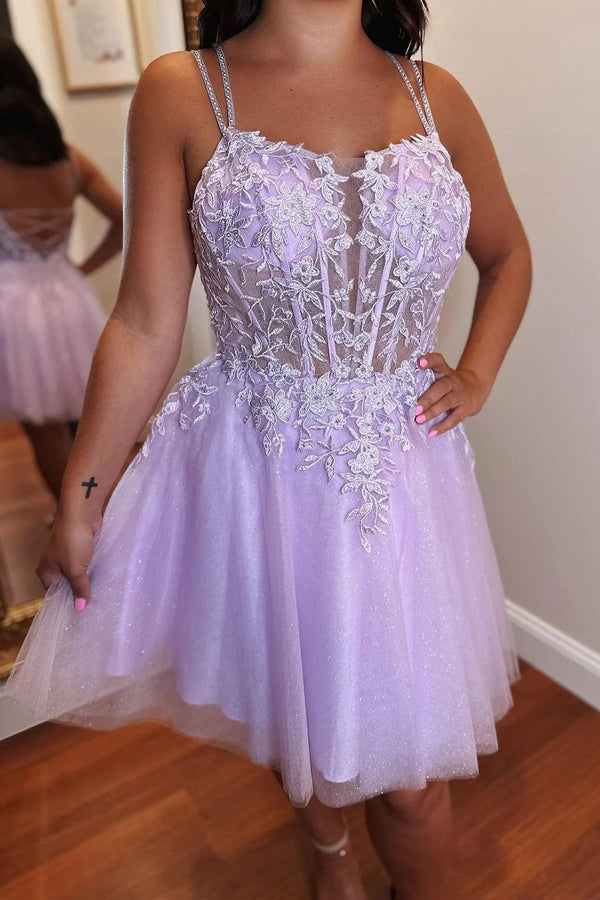 Vestido de fiesta de bienvenida de tul lavanda con apliques, corte en A y cordones PD508