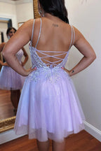 Vestido de fiesta de bienvenida de tul lavanda con apliques, corte en A y cordones PD508