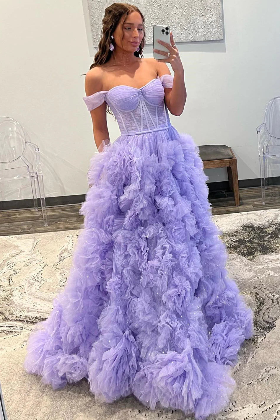 Robe de bal lavande à épaules dénudées et volants superposés SYP145