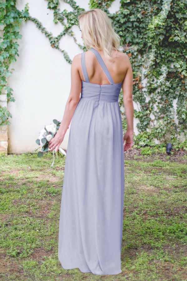 Vestidos largos de dama de honor de gasa lavanda con espalda descubierta y un solo hombro 