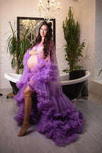 Vestido de maternidad lavanda para sesión de fotos 
