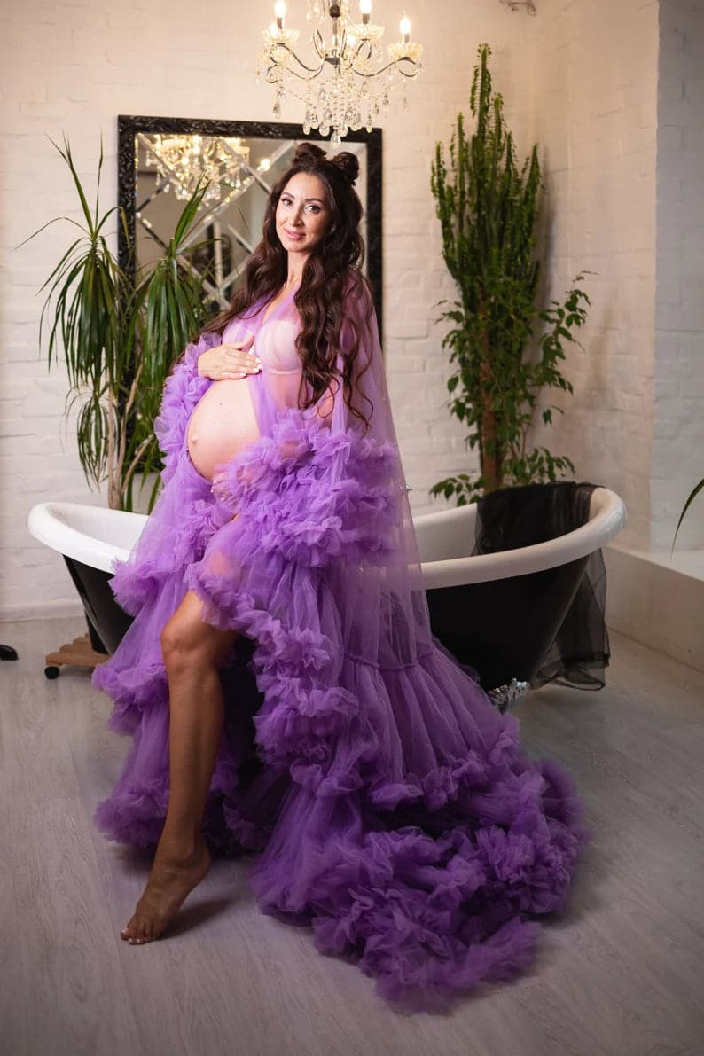 Vestido de maternidad lavanda para sesión de fotos 
