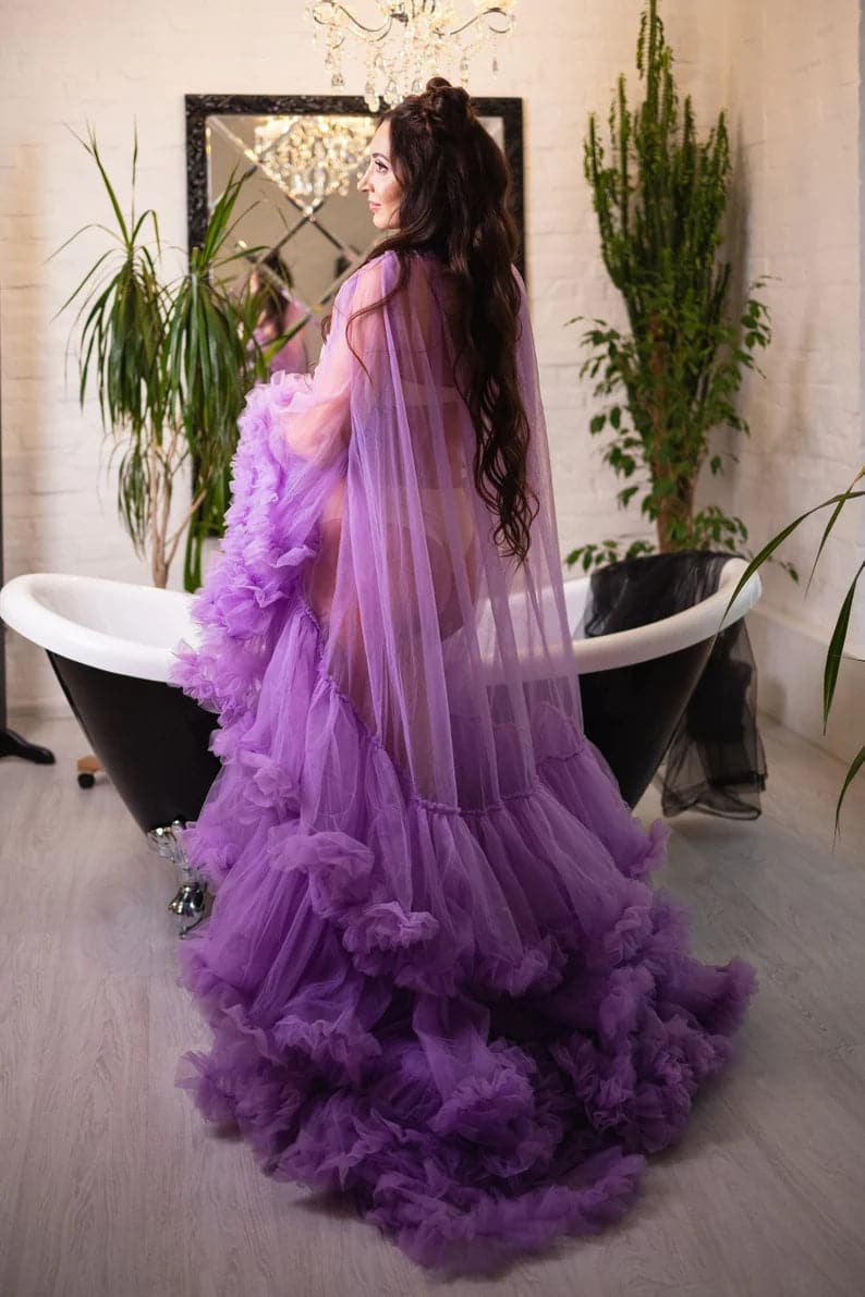 Vestido de maternidad lavanda para sesión de fotos 