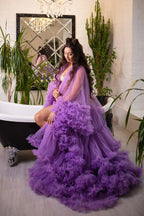 Vestido de maternidad lavanda para sesión de fotos 