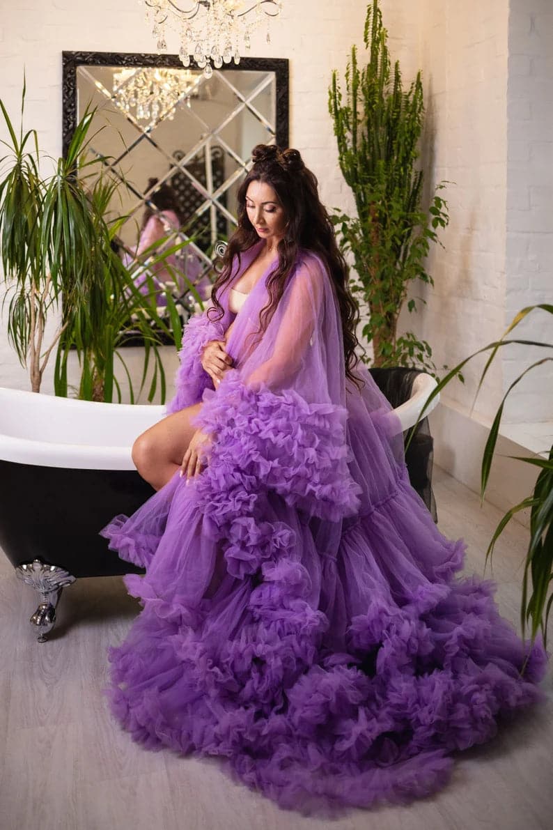 Vestido de maternidad lavanda para sesión de fotos 