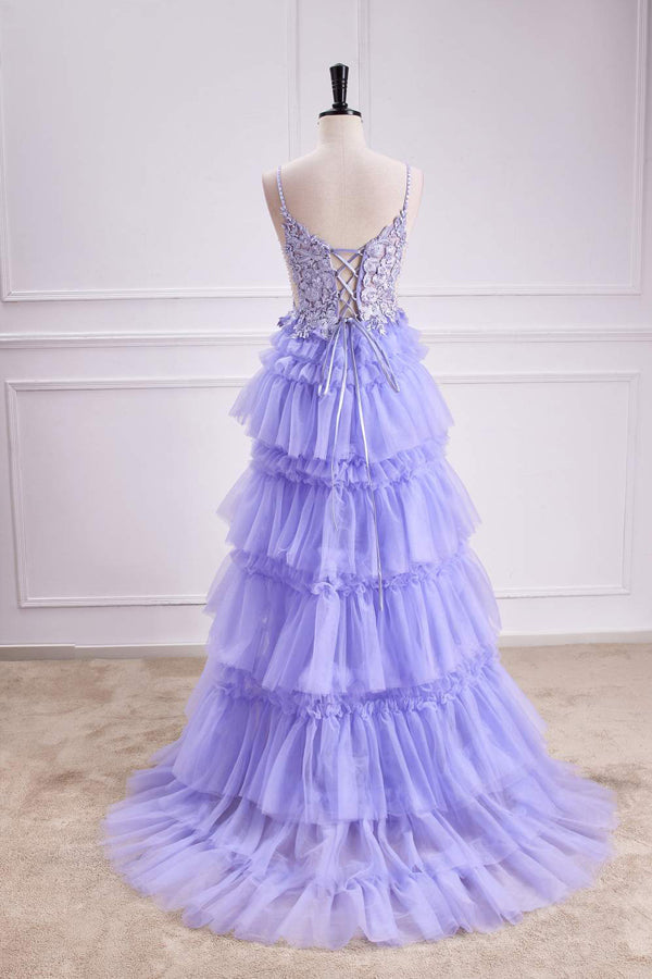 Vestido largo de fiesta corte A, corte lavanda, escote en V pronunciado, capas florales