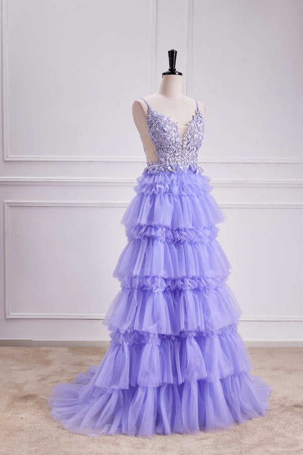 Vestido largo de fiesta corte A, corte lavanda, escote en V pronunciado, capas florales