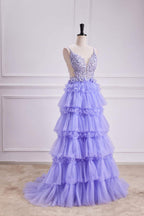 Vestido largo de fiesta corte A, corte lavanda, escote en V pronunciado, capas florales