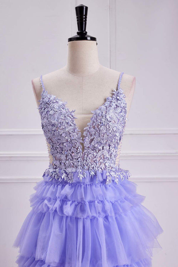 Vestido largo de fiesta corte A, corte lavanda, escote en V pronunciado, capas florales
