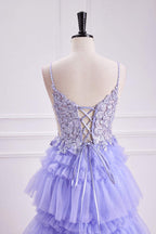Vestido largo de fiesta corte A, corte lavanda, escote en V pronunciado, capas florales