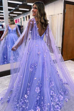 Vestidos largos de fiesta de satén lavanda, corte en A, escote en V y flores de encaje 3D