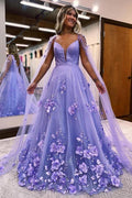 Vestidos largos de fiesta de satén lavanda, corte en A, escote en V y flores de encaje 3D