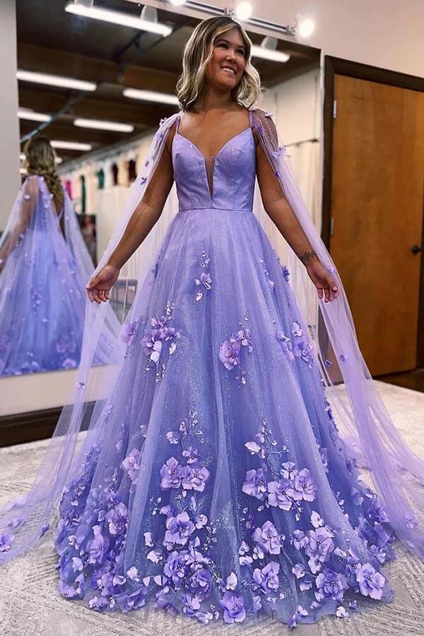 Vestidos largos de fiesta de satén lavanda, corte en A, escote en V y flores de encaje 3D