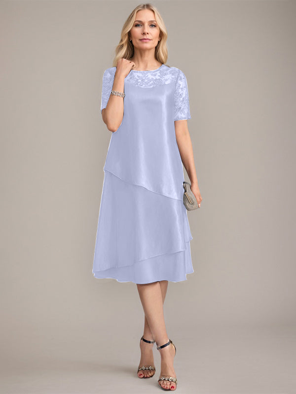 Vestido de corte A, escote redondo, largo hasta la rodilla, para la madre de la novia, con apliques y lentejuelas. 
