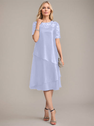 Vestido de corte A, escote redondo, largo hasta la rodilla, para la madre de la novia, con apliques y lentejuelas. 