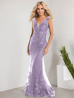 Vestido de sirena para la madre de la novia, corte sirena, escote en V, largo hasta el suelo, de gasa de encaje con apliques de lentejuelas. 
