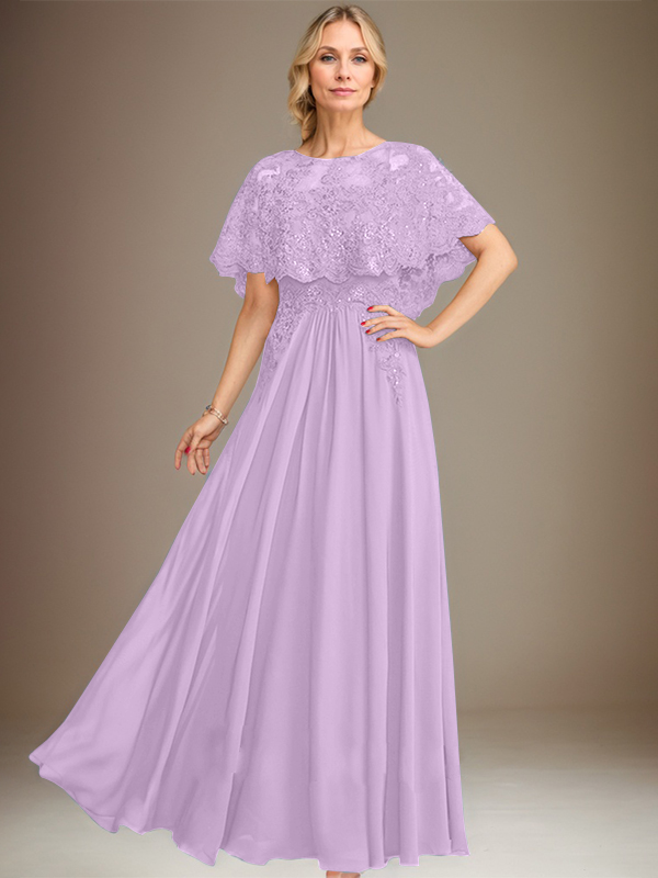 Robe de mère de la mariée en mousseline de soie dentelle, coupe trapèze, col bateau, longueur au sol, ornée d'appliqués de sequins 