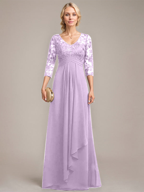Vestido de novia de corte línea A, escote en V, largo hasta el suelo, de gasa de encaje con volantes en cascada y lentejuelas. 