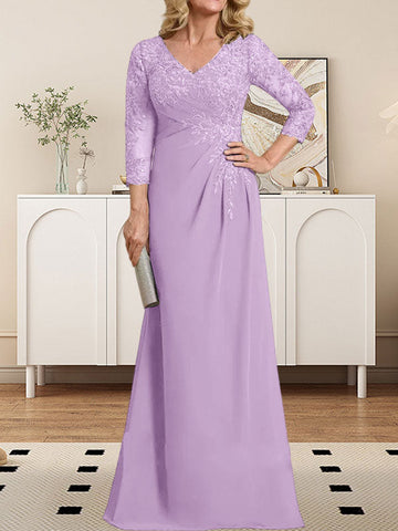 Sheath/Column V-Neck Illusion Floor-Length Lace Chiffon Mother of the Bride Dress With Pleated Sequins