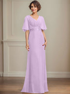 Vestido de corte A, escote en V, largo hasta el suelo, de gasa, para la madre de la novia, con apliques de lentejuelas plisadas y encaje.