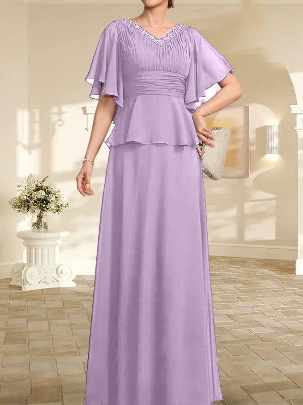 Vestido de gasa de corte A, escote en V, largo hasta el suelo, para la madre de la novia, con plisados ​​y cuentas.
