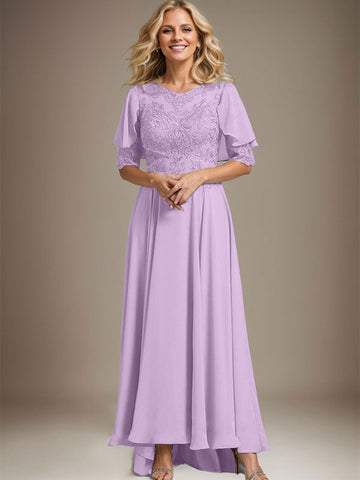 A-line Scoop Illusion Asymmetrical Chiffon Lace Mother of the Bride Dress With Beading