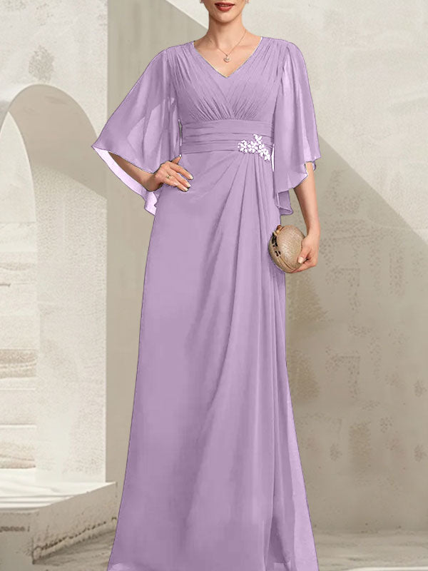 Vestido de corte recto/columna, escote en V, largo hasta el suelo, de gasa, para la madre de la novia, con lentejuelas plisadas y pedrería.