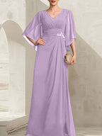Vestido de corte recto/columna, escote en V, largo hasta el suelo, de gasa, para la madre de la novia, con lentejuelas plisadas y pedrería.