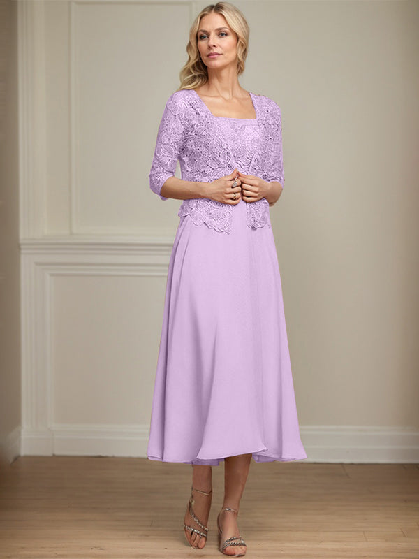 Vestido de corte A, largo midi, de gasa, encaje y lentejuelas para la madre de la novia. 
