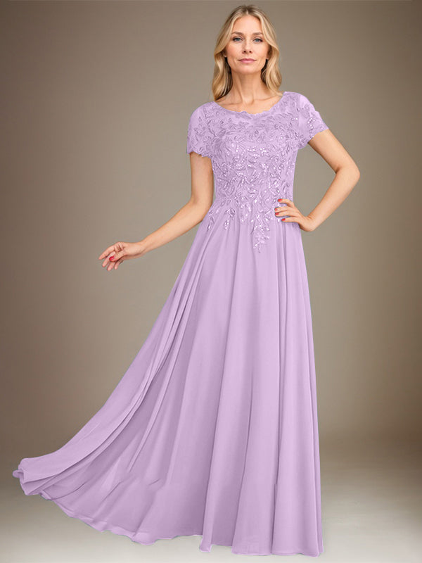 Vestido de corte A, escote redondo, largo hasta el suelo, de gasa, para la madre de la novia, con apliques y lentejuelas. 