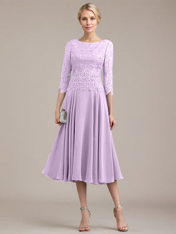 A-line Scoop Tea-Length Lace Chiffon Mother of the Bride Dress