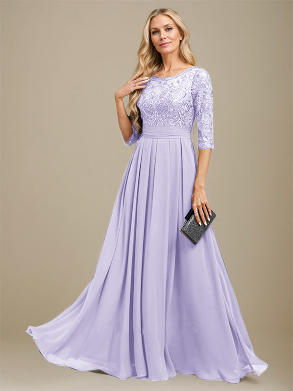 Vestido de corte A, escote redondo, largo hasta el suelo, de gasa de encaje con apliques de lentejuelas para la madre de la novia. 