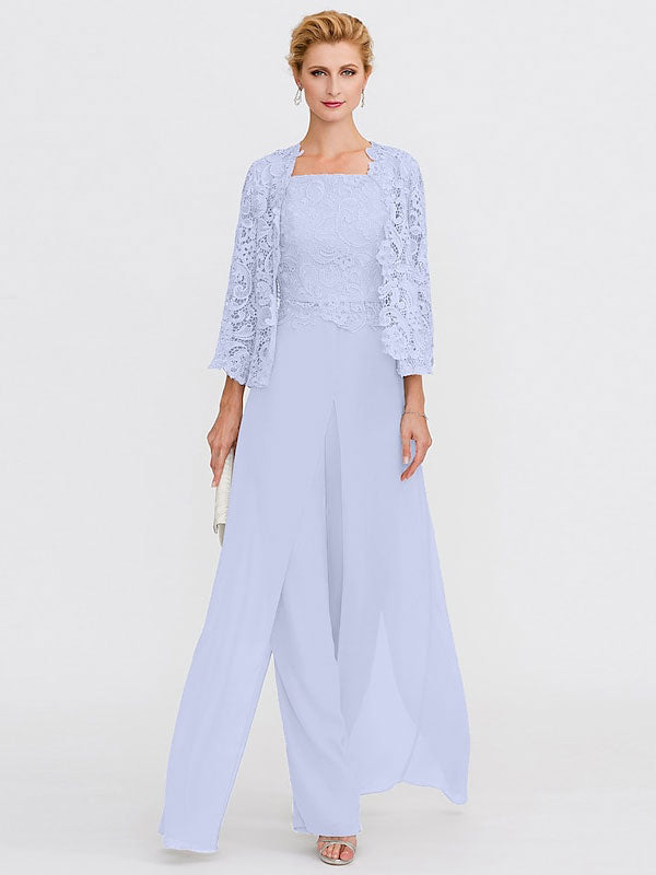 Traje pantalón de chifón de tres piezas con escote cuadrado y chaqueta para la madre de la novia 