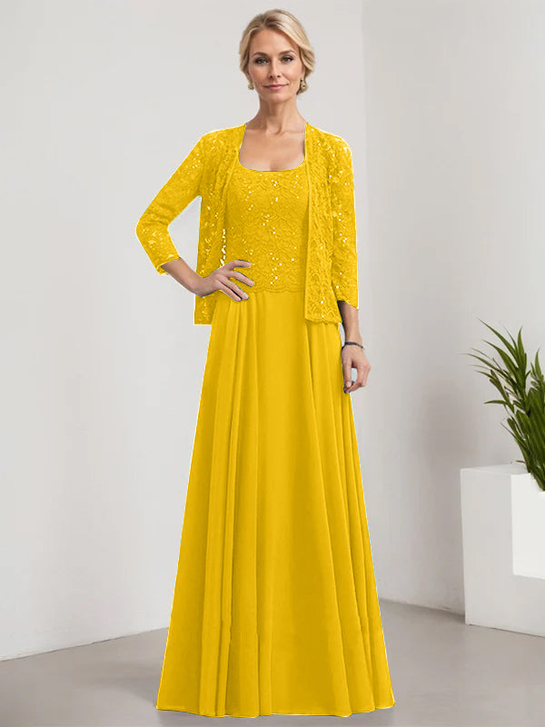 Vestido de corte A, cuadrado, largo hasta el suelo, de encaje y gasa con lentejuelas para la madre de la novia 